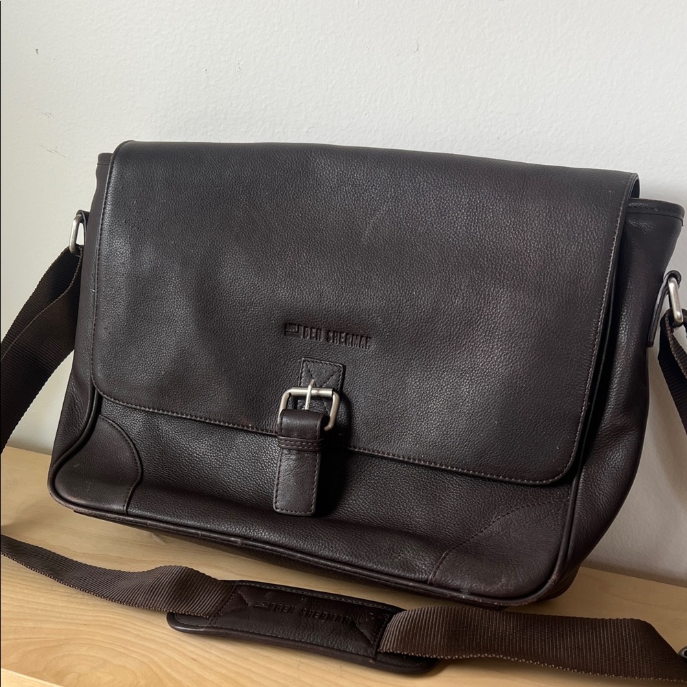 Ben Sherman Brown Leather Messenger Bag with Buckle Flap